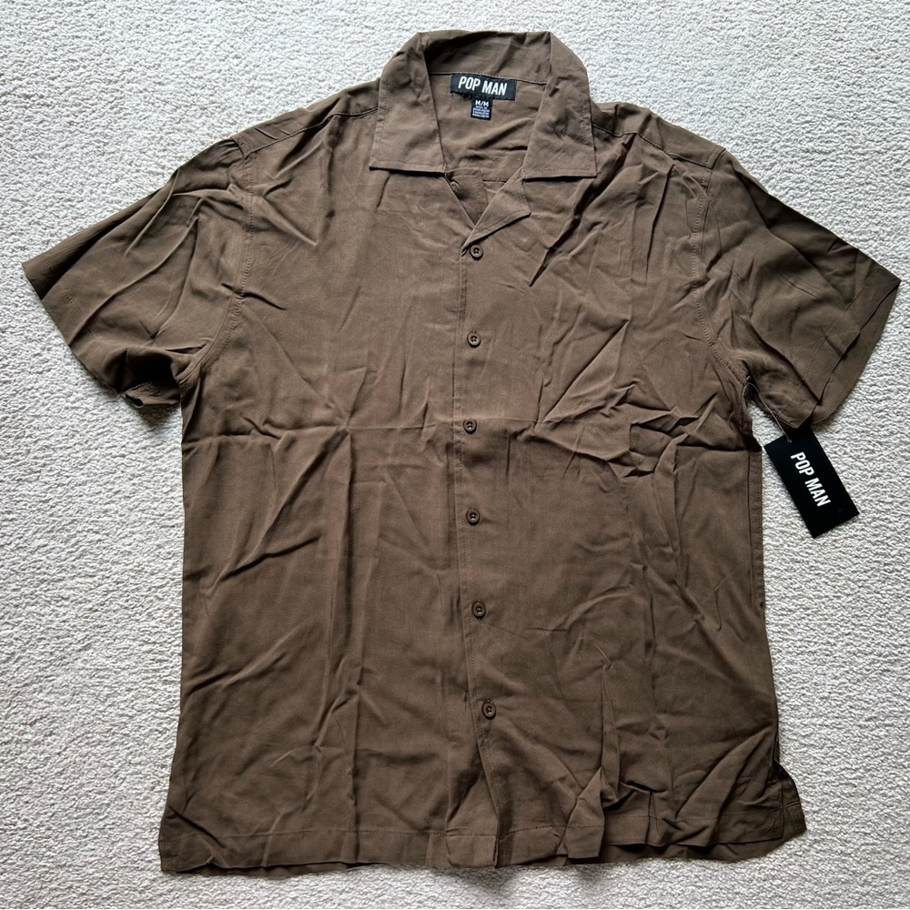 Pop Man Men's Short Sleeve Button Up Shirt Top Tee Brown Collared Soft Viscose M